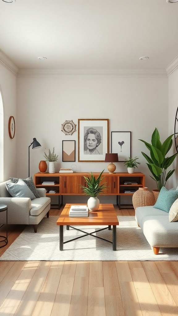 Cozy small living room with two sofas, a coffee table, and personalized decor including plants and framed art.
