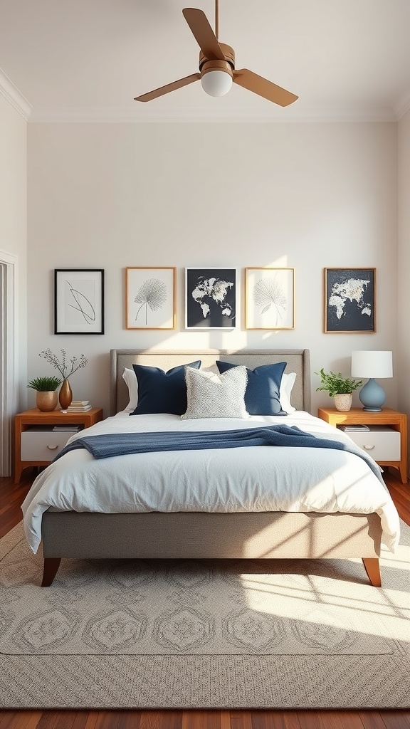 A cozy small bedroom featuring a king bed, decorative pillows, framed artwork, and a ceiling fan.