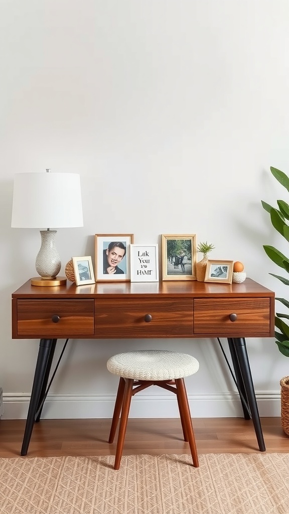 A modern dressing table with a wooden surface, black legs, framed photos, a plant, and a lamp.