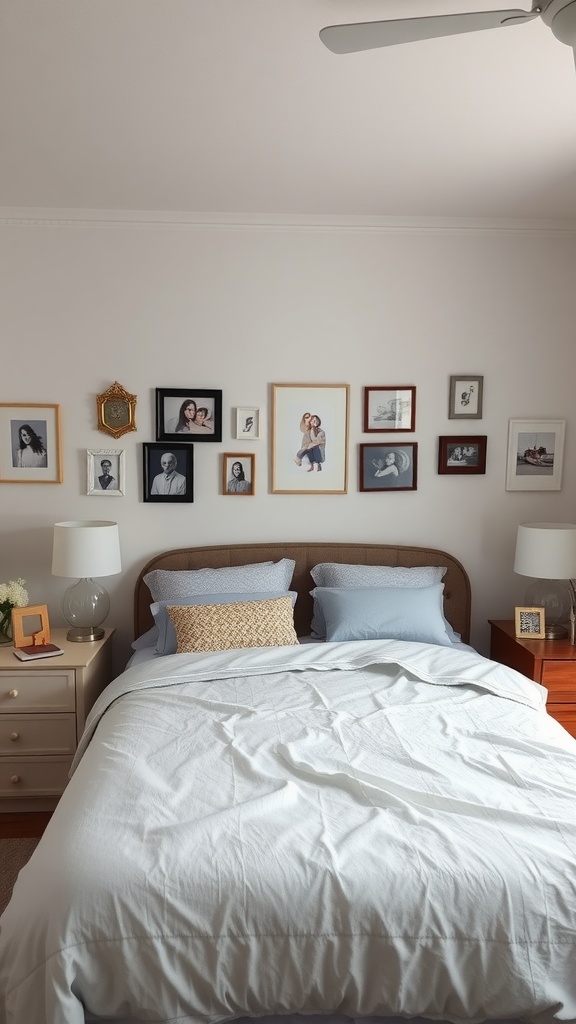 A cozy small bedroom featuring a king bed with personalized decor including framed photos on the wall.