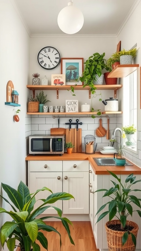 A cozy mini kitchen with plants, wooden shelves, and decorative touches