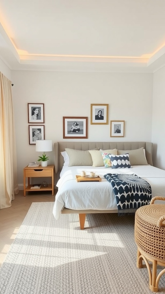 A cozy primary bedroom with framed photos on the wall, a neatly made bed, and a bedside table with a lamp and plant.