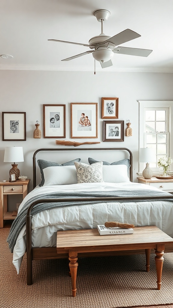 A cozy farmhouse bedroom featuring a bed with soft linens, framed photos on the wall, and a wooden bench.