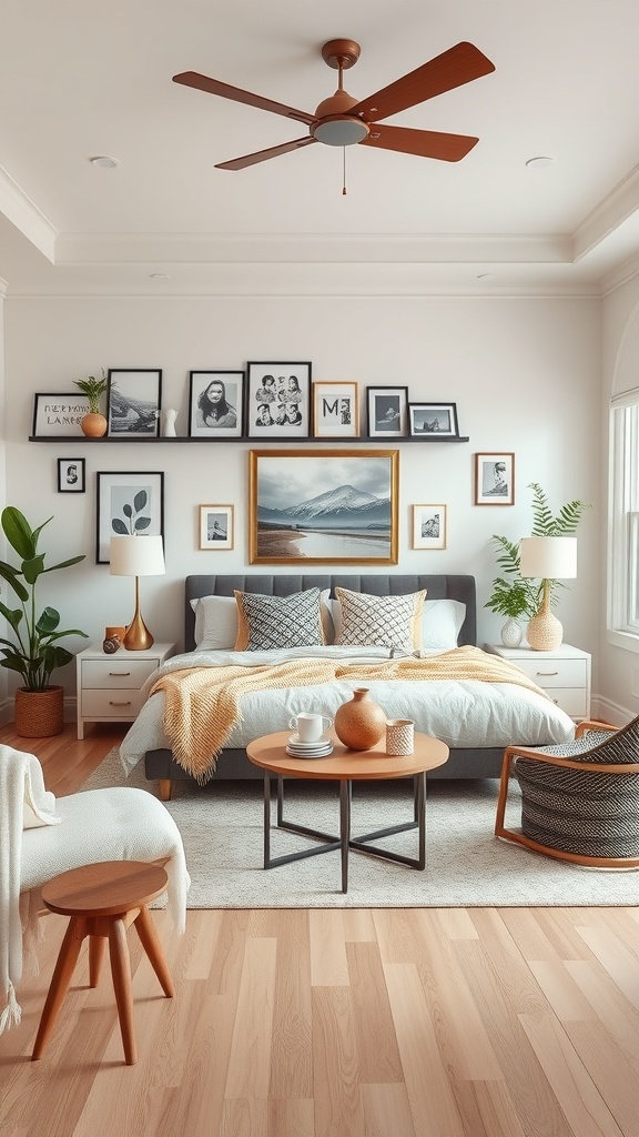 A cozy living room with personalized decor including framed photos, plants, and stylish furniture.
