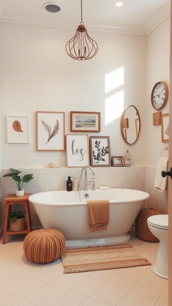A stylish bathroom featuring a freestanding tub, framed art on the walls, a round mirror, and cozy accessories.
