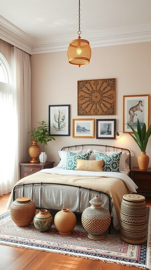 A cozy Moroccan-inspired bedroom featuring decorative pottery, patterned pillows, and cultural art.