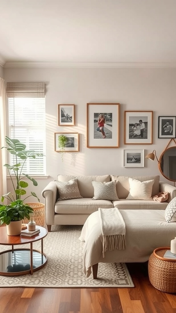 Cozy living room with family photos and art on the walls, featuring a comfortable sofa and plants.