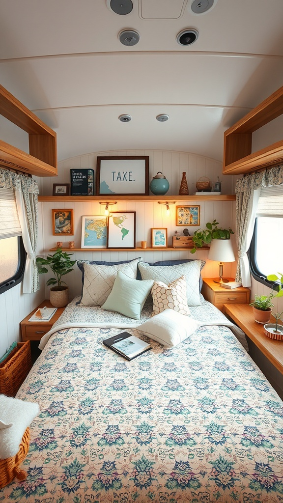 Cozy RV interior with a bed, decorative pillows, travel mementos on shelves, and plants.