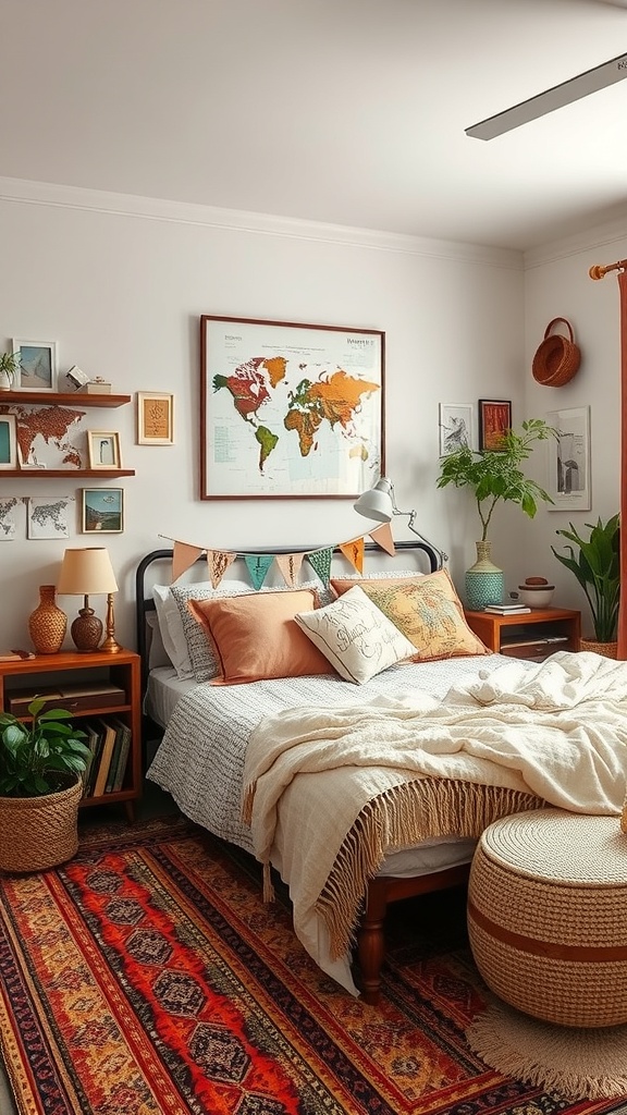 A cozy bohemian bedroom featuring a world map, travel souvenirs, and earthy decor.