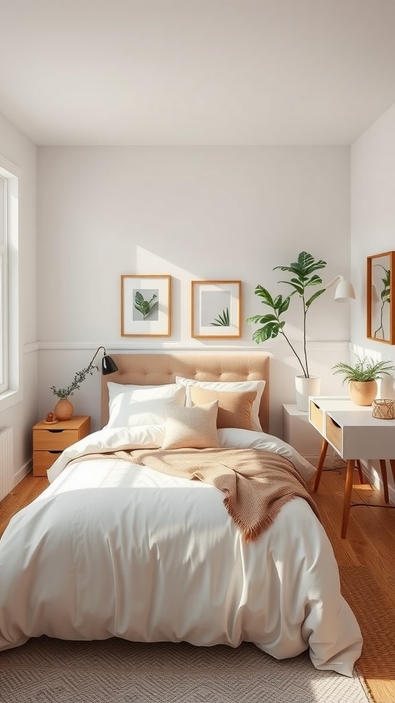 A cozy small bedroom with a bed, bedside table, and plants, featuring soft colors and natural light.