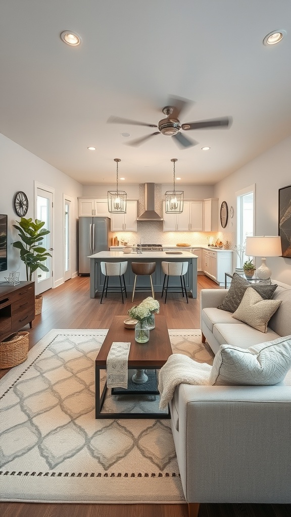 A modern open space living room and kitchen with a cozy sofa, stylish coffee table, and a well-equipped kitchen area.