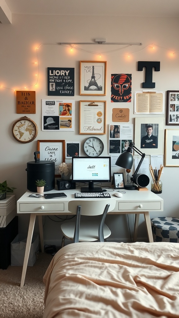 Cozy bedroom setup with personalized desk and decor elements