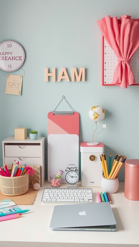 Colorful and organized desk featuring pencils, plants, and accessories, creating a personalized workspace.