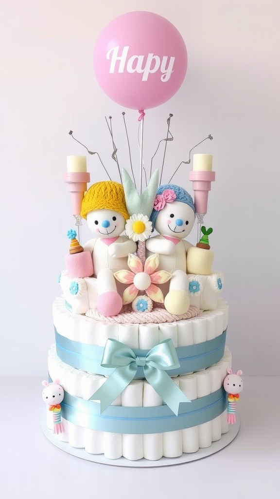 Personalized diaper cake centerpiece featuring two figures, bright colors, and a happy balloon.