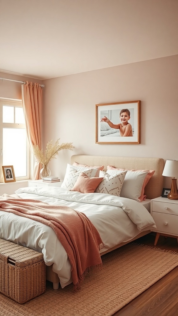 A cozy bedroom with dusty rose accents, featuring a bed with soft bedding, decorative pillows, and a framed photo on the wall.