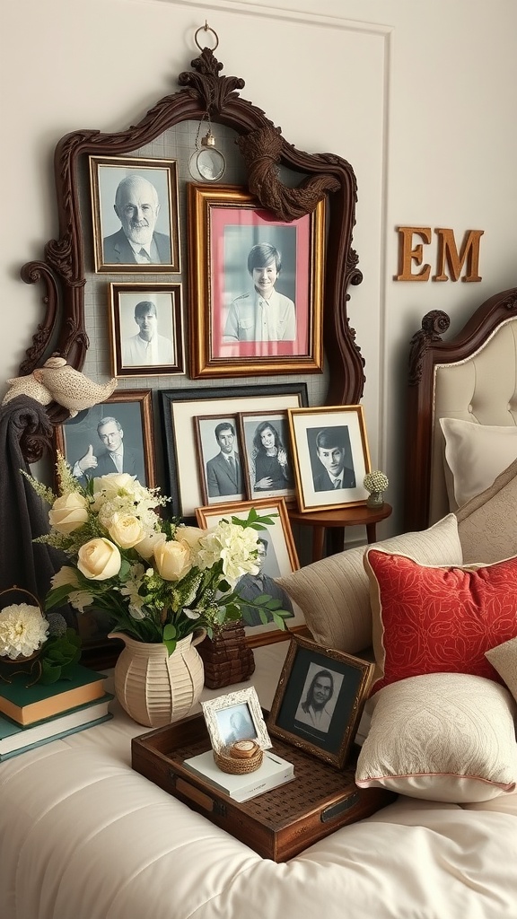 A cozy bedroom corner featuring a gallery wall of framed photos, a decorative vase with flowers, and a wooden tray with more personal items.