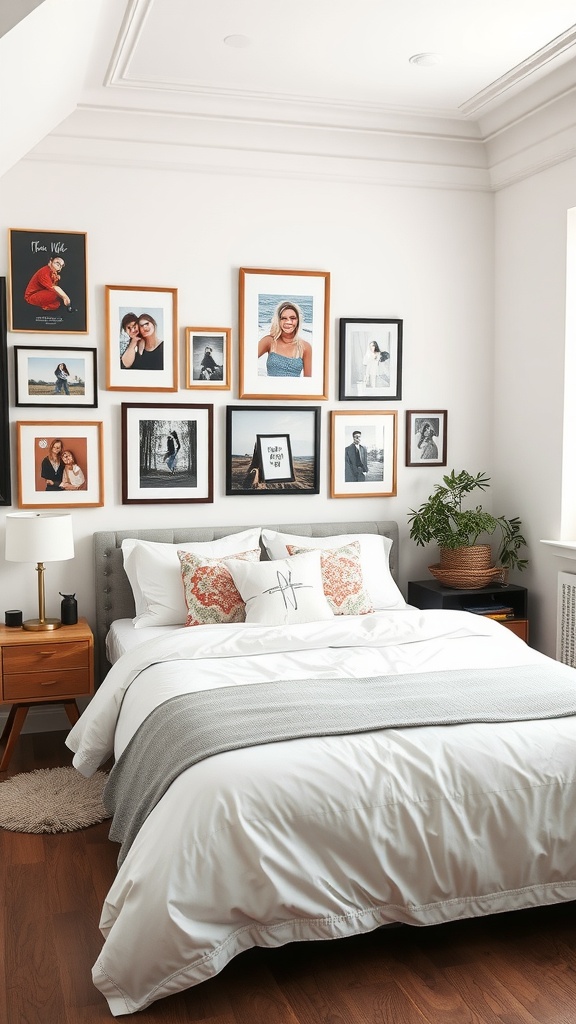 A cozy small bedroom featuring a gallery wall of framed photos and a neatly made bed with decorative pillows.