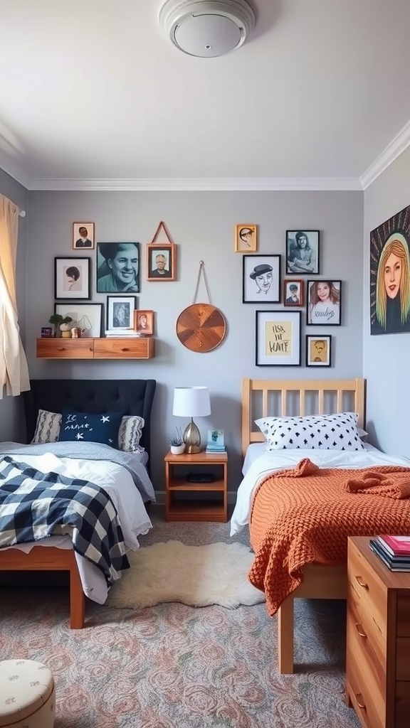 A shared bedroom featuring two distinct beds with personalized decor, showcasing individual styles through bedding and wall art.