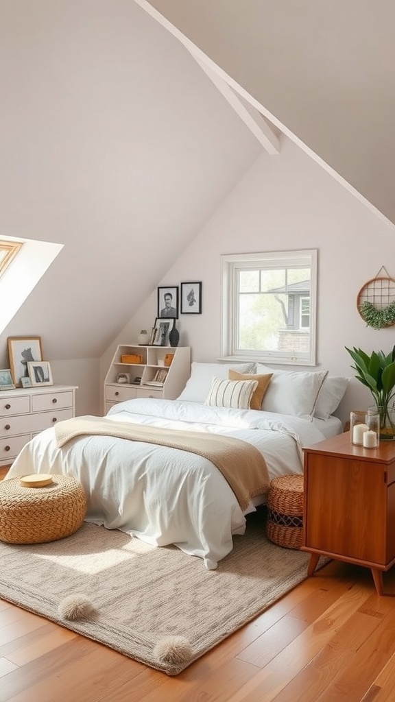 Cozy bedroom with sloped ceiling featuring warm decor and personal touches