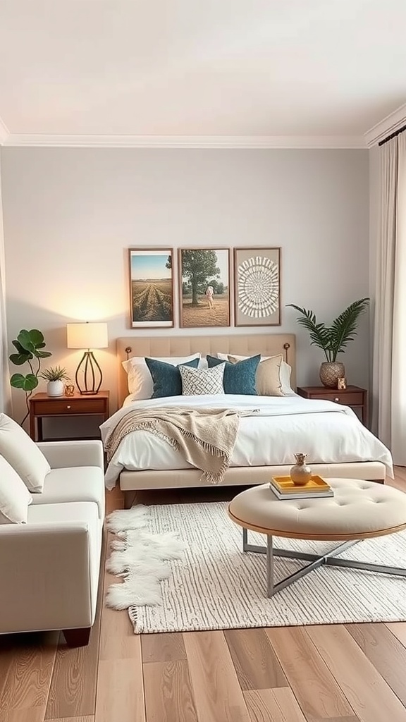 A cozy living room featuring soft colors, personal artwork, plants, and a comfortable arrangement.