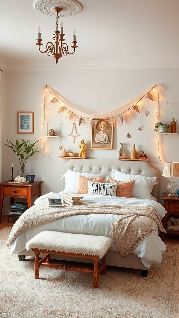 A cozy bedroom featuring fairy lights, a decorative wall, and a warm color palette.