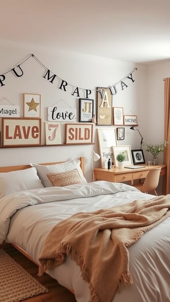 Cozy fairycore bedroom with neutral colors, warm textures, and personal decor