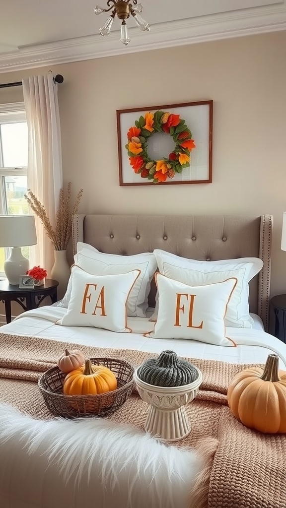 Cozy fall-themed bedroom with decorative pillows, a colorful wreath, and pumpkins on the bed.