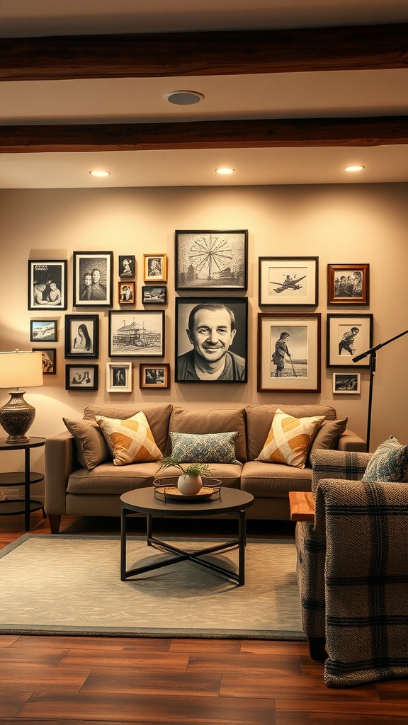 A cozy basement family room with a personalized family gallery displayed on the wall, featuring various framed photos and artwork.