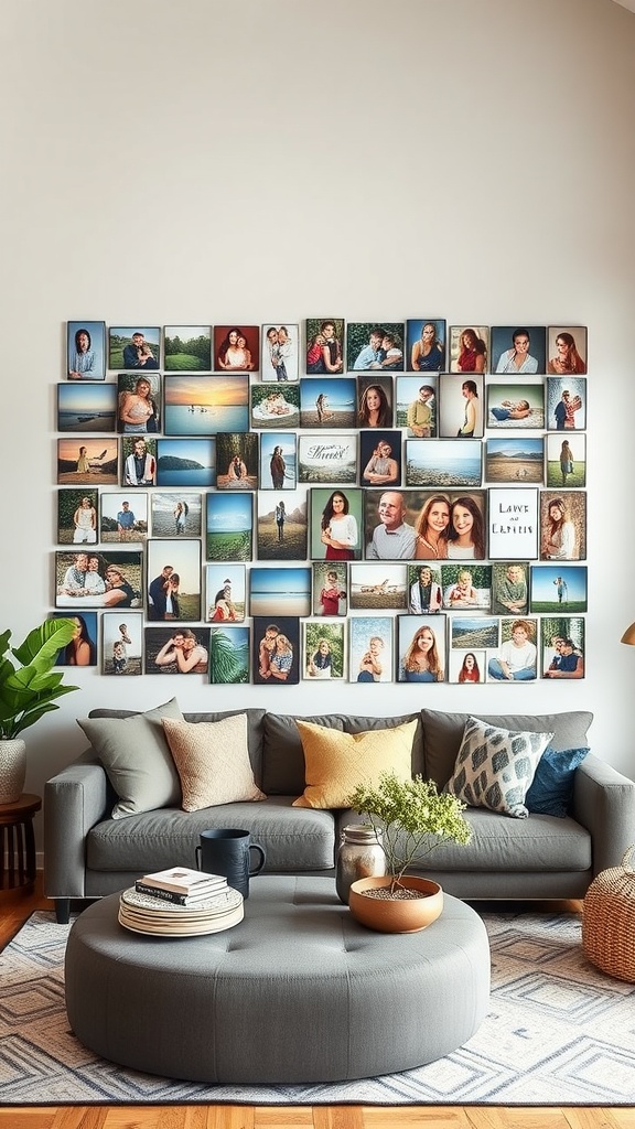 A large living room with a family photo collage on the wall, featuring various pictures and a cozy seating area.