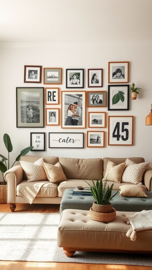 A cozy family room with a gallery wall of framed family photos in various sizes and colors.