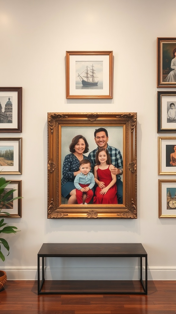 A family portrait in a golden frame, surrounded by various artworks on a wall.