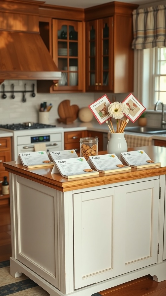 A kitchen island featuring personalized family recipe cards, a vase with flowers, and a cozy cooking atmosphere.
