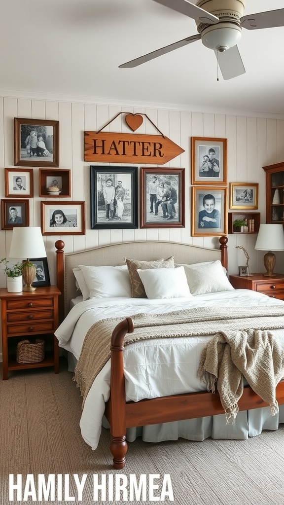 A cozy farmhouse bedroom featuring family photos on the wall, a wooden sign, and soft bedding.