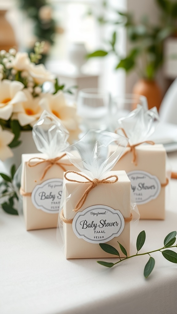 Beautifully wrapped baby shower favors with personalized labels and twine bows
