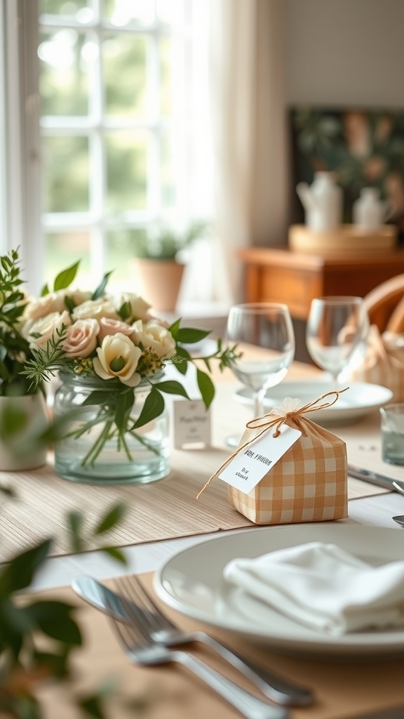 A beautifully set table for a baby shower with personalized favor boxes and floral arrangements.