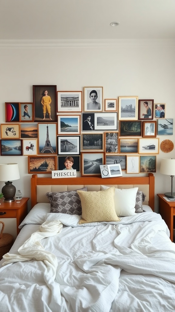 A bedroom with a personalized gallery wall displaying a variety of framed art and photos above an unmade bed with white bedding.