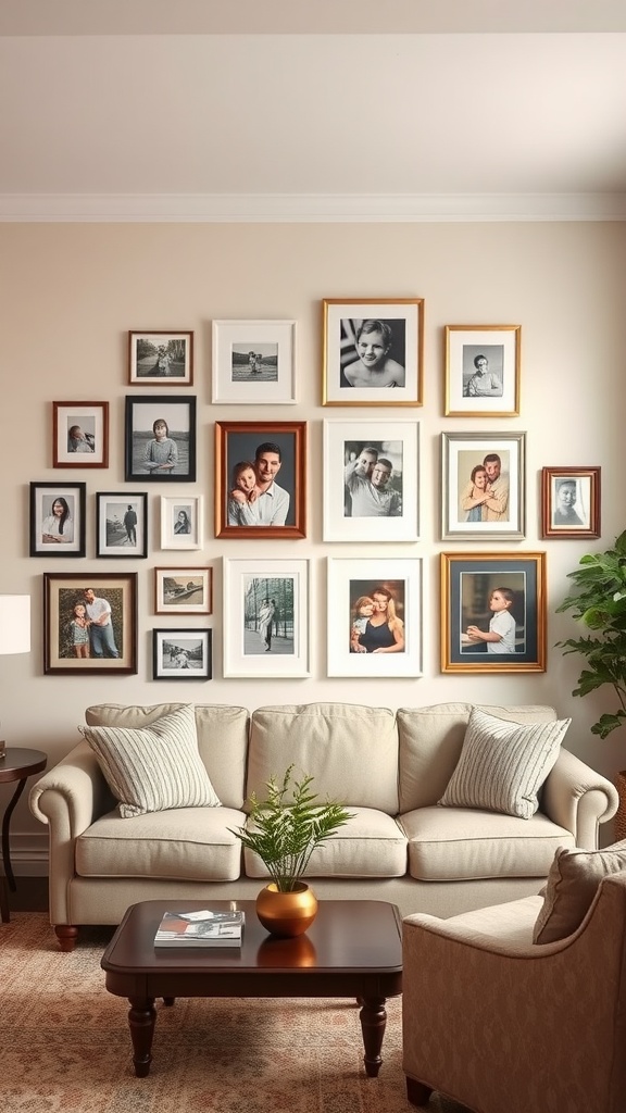 A living room with a gallery wall of family photos in various frames, a cozy sofa, and a coffee table.