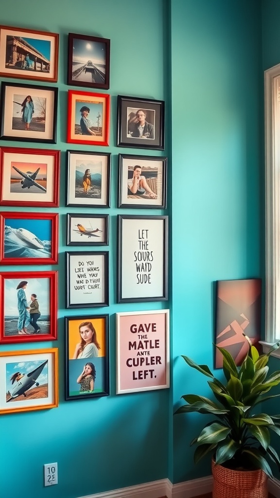 A vibrant gallery wall featuring various framed photos and quotes against an aqua wall.