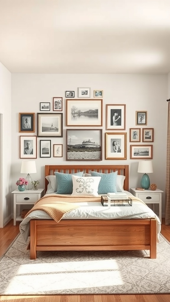 A cozy basement bedroom featuring a personalized gallery wall with various framed photos and art.