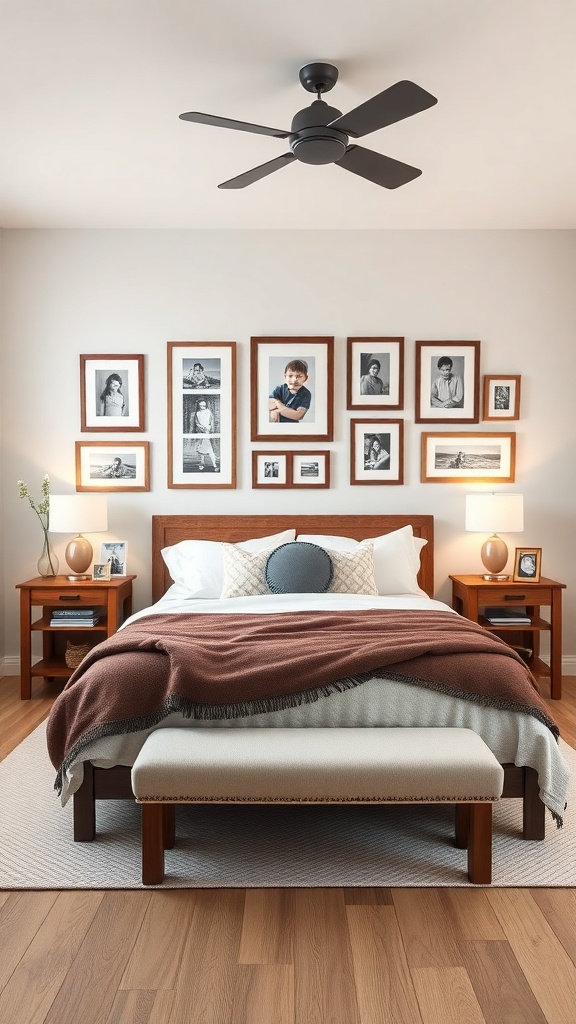 A cozy farmhouse bedroom featuring a personalized gallery wall with framed photographs.