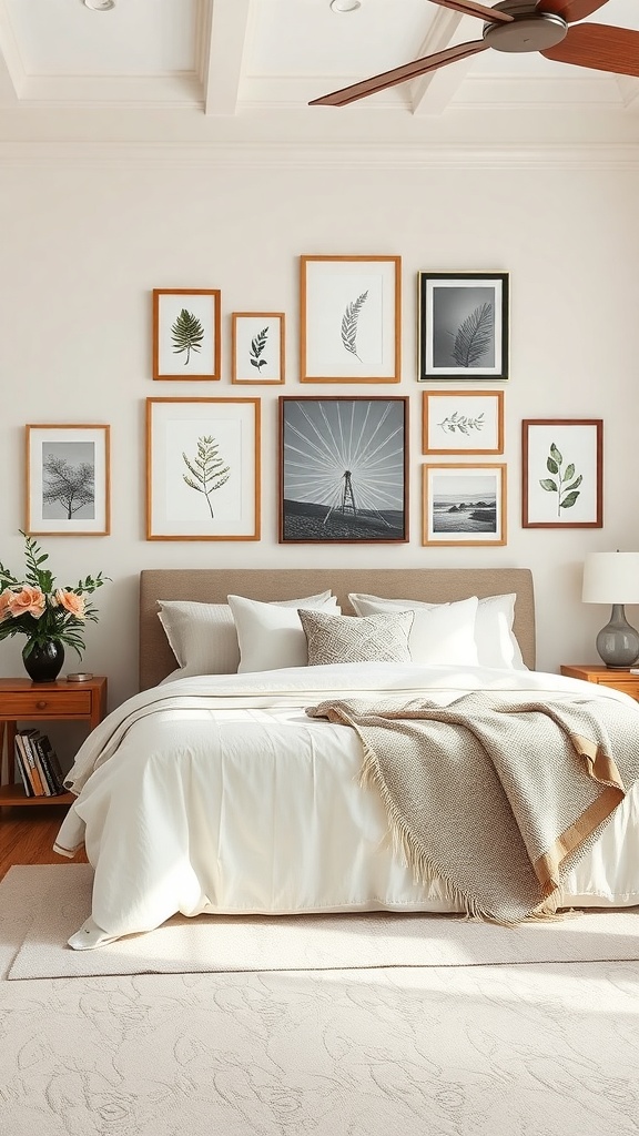 A cozy bedroom featuring a gallery wall with framed botanical and scenic art.