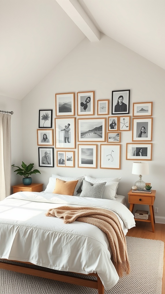 A loft-style bedroom featuring a personalized gallery wall with various framed photos and art pieces.