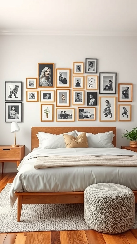 A mid-century modern bedroom featuring a personalized gallery wall with various framed artworks and photographs.