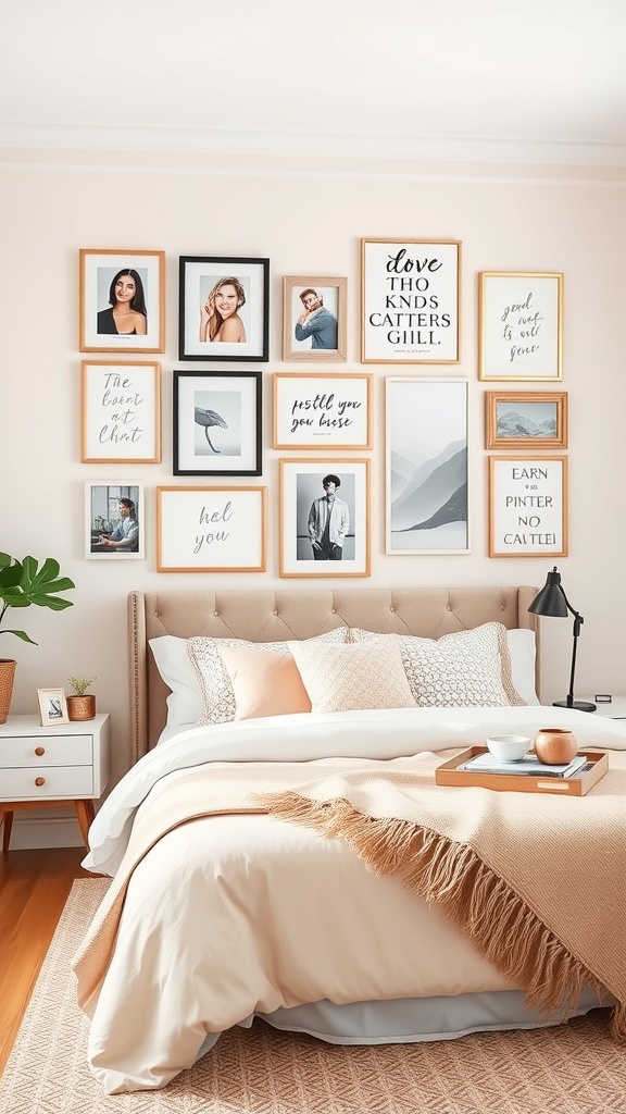 A cozy bedroom featuring a personalized gallery wall with framed photos and quotes above the bed.
