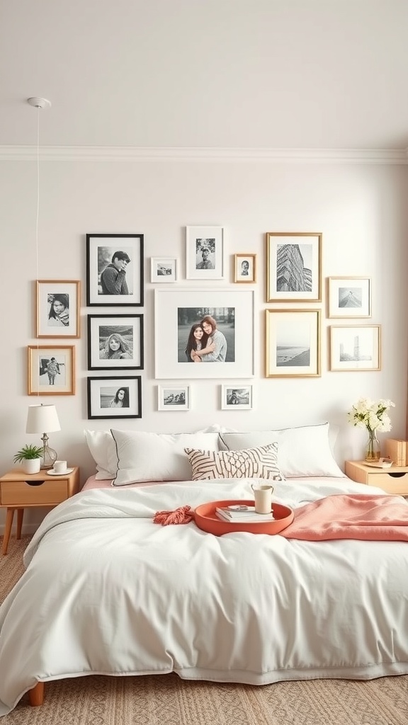 A cozy bedroom featuring a personalized gallery wall with framed photos and art pieces.