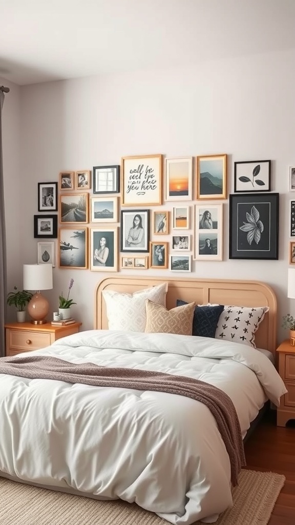 A cozy teen bedroom featuring a personalized gallery wall with various framed photos and art pieces.