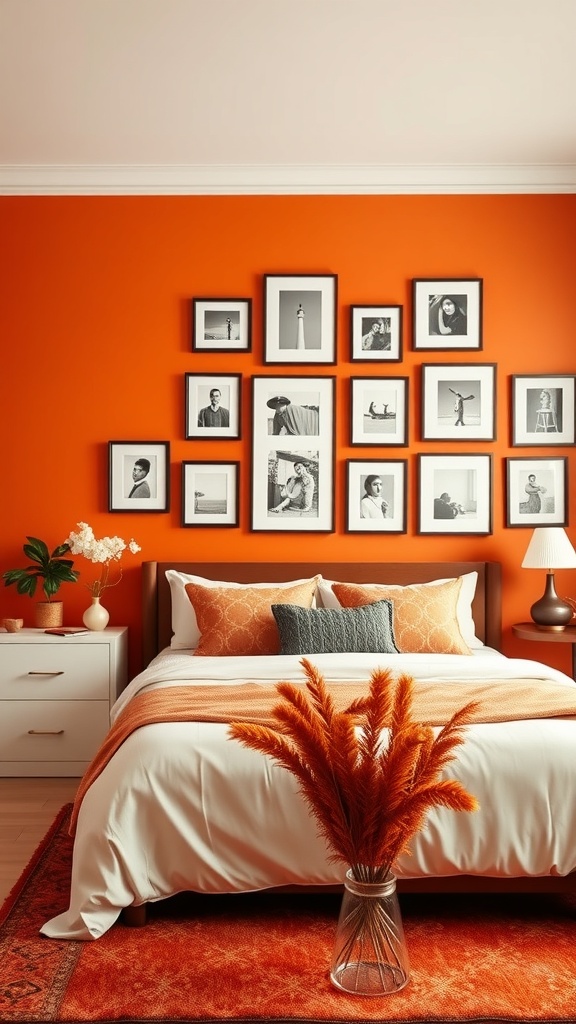A cozy bedroom featuring a personalized gallery wall with black-and-white framed photos on a burnt orange wall.