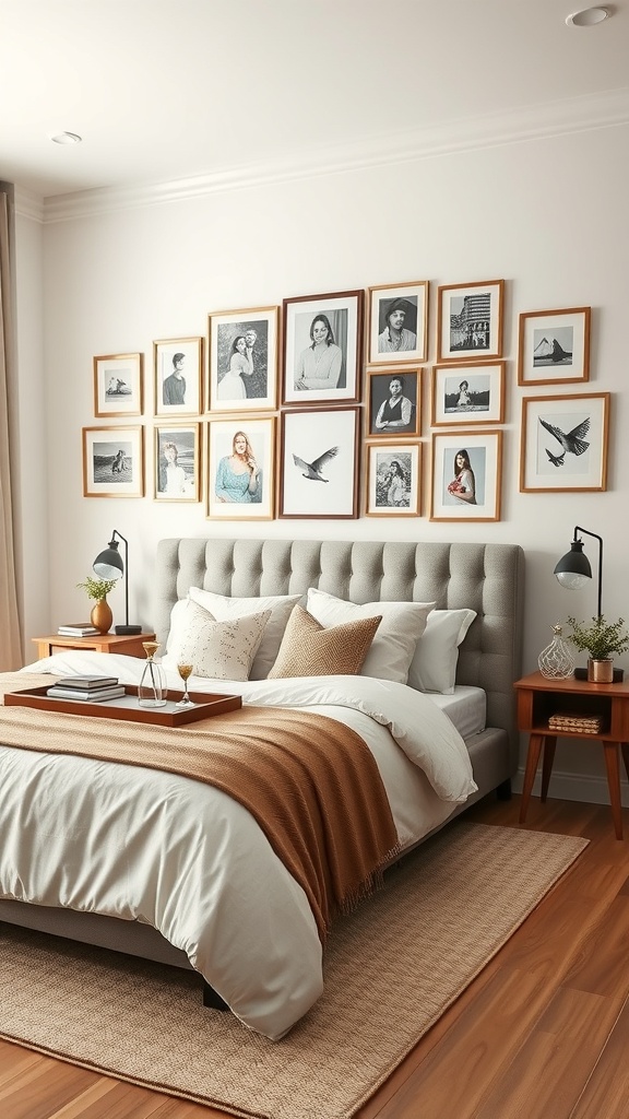 A cozy bedroom featuring a personalized gallery wall with framed photos and artwork above the bed.
