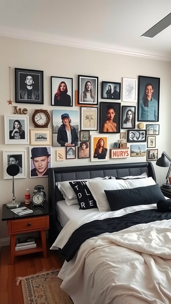 A cozy bedroom with a personalized gallery wall filled with framed photos and a neatly made bed.