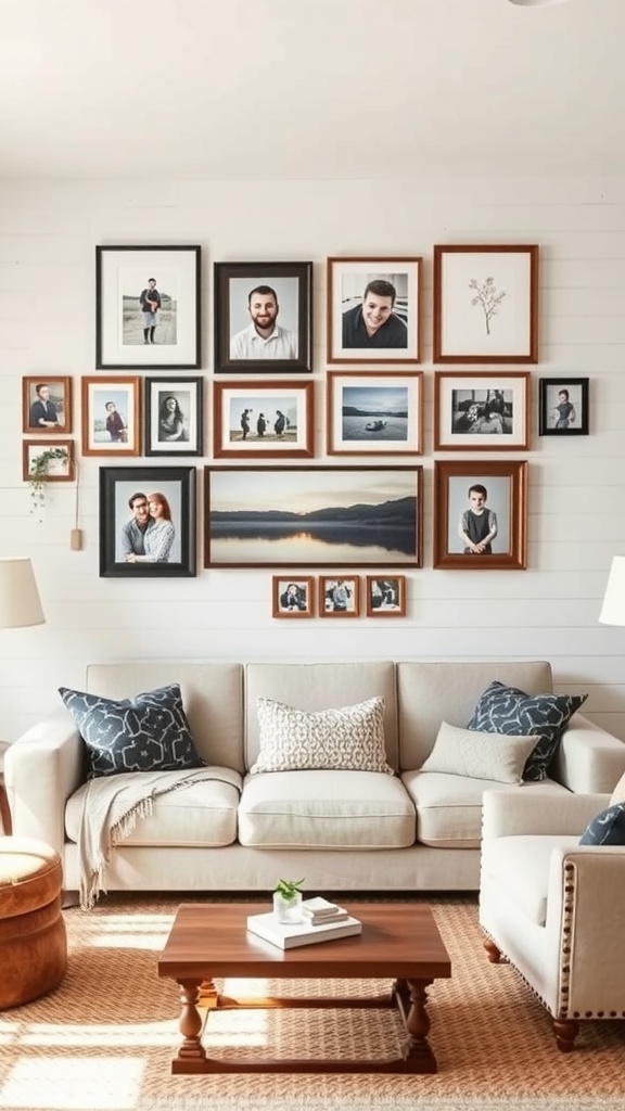A cozy farmhouse living room with a gallery wall of framed photos above a light-colored sofa.